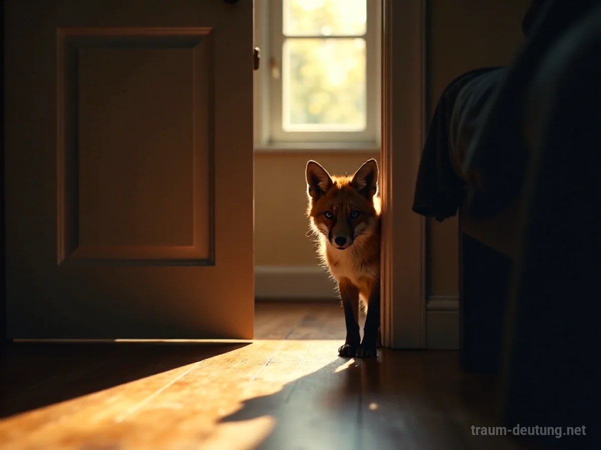 Fuchs schaut durch eine Türöffnung in ein Haus hinein.