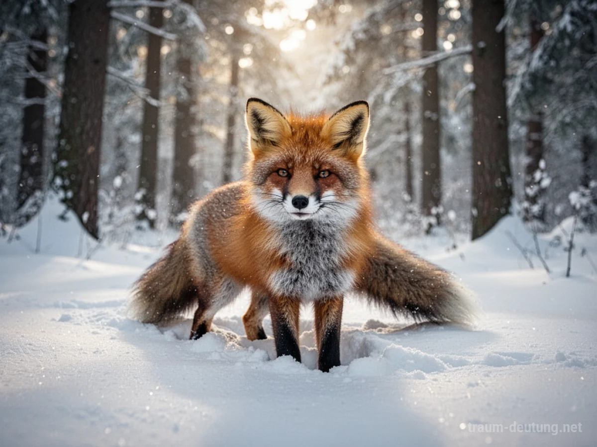 Ein Fuchs steht wachsam im tiefen Schnee, umgeben von einem Winterwald.