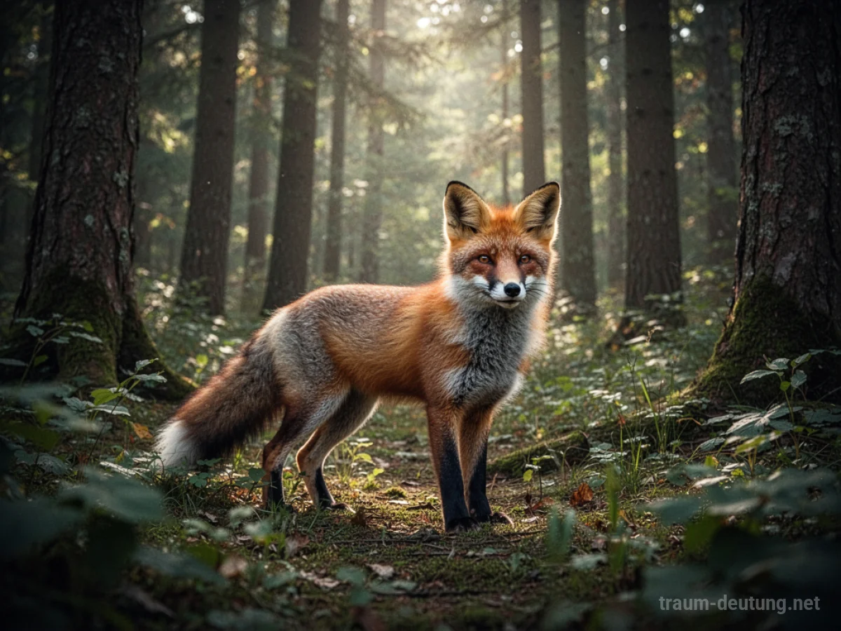 Ein Fuchs steht wachsam in einem dichten, sonnenbeschienenen Wald.