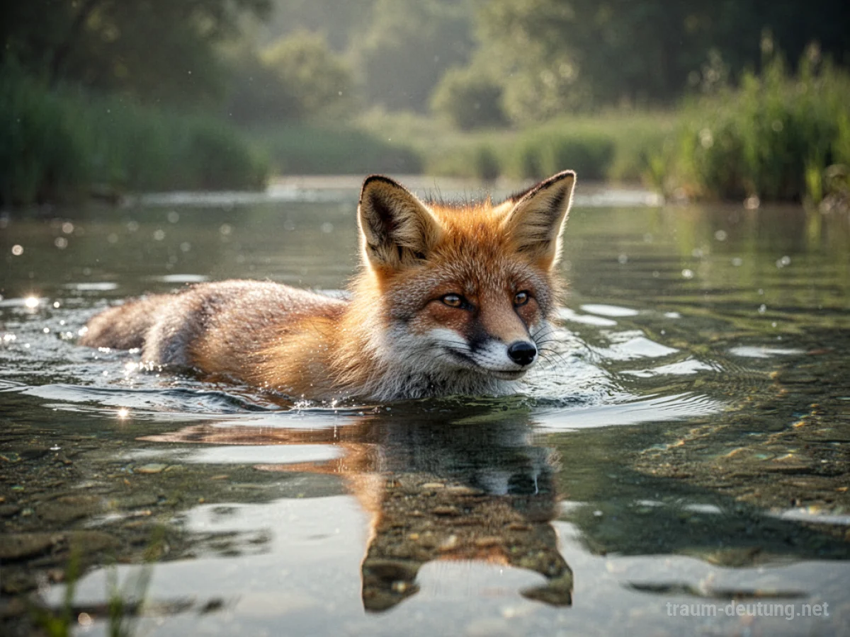 Fuchs schwimmt ruhig in klarem Wasser, Sonnenlicht spiegelt sich im Fell.