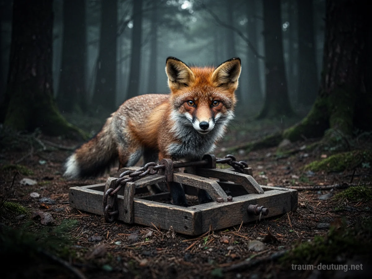Ein Fuchs sitzt in einer hölzernen Falle im Wald.