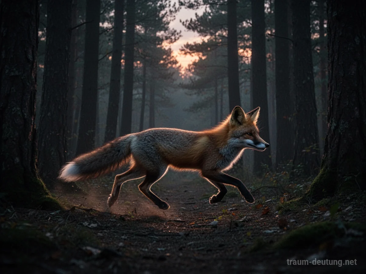 Fuchs schleicht durch einen dunklen Wald im Zwielicht