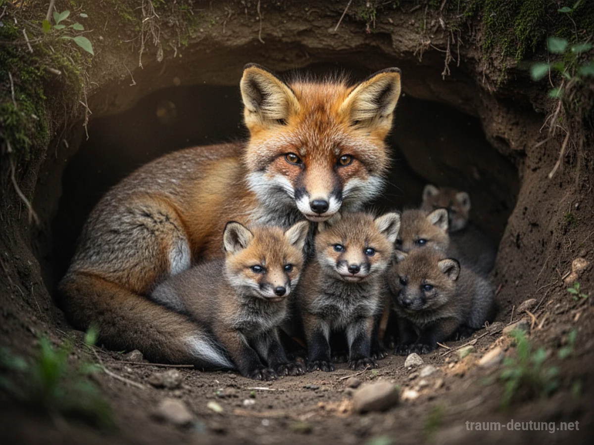 Fuchs mit ihren Jungen in einer Höhle