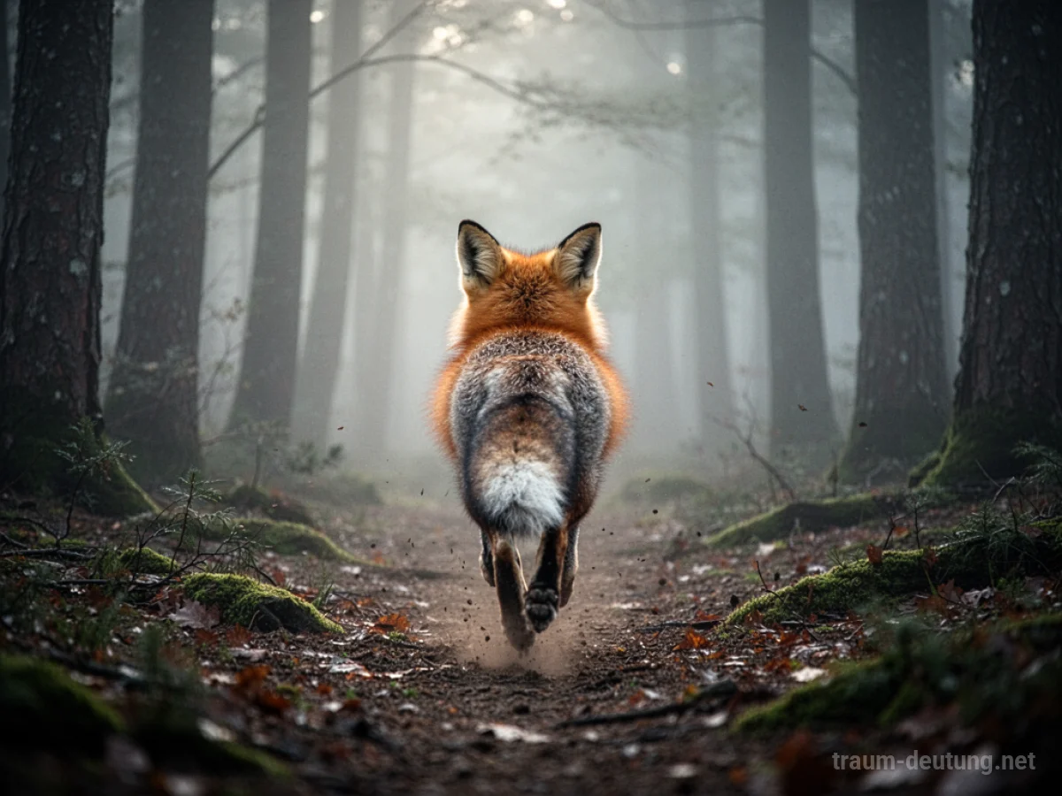 Ein Fuchs flüchtet durch einen nebligen Wald.