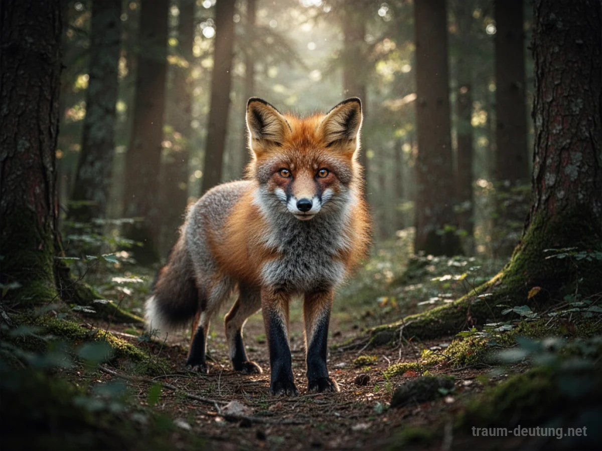 Ein Fuchs steht im Wald und blickt vorsichtig in die Kamera.