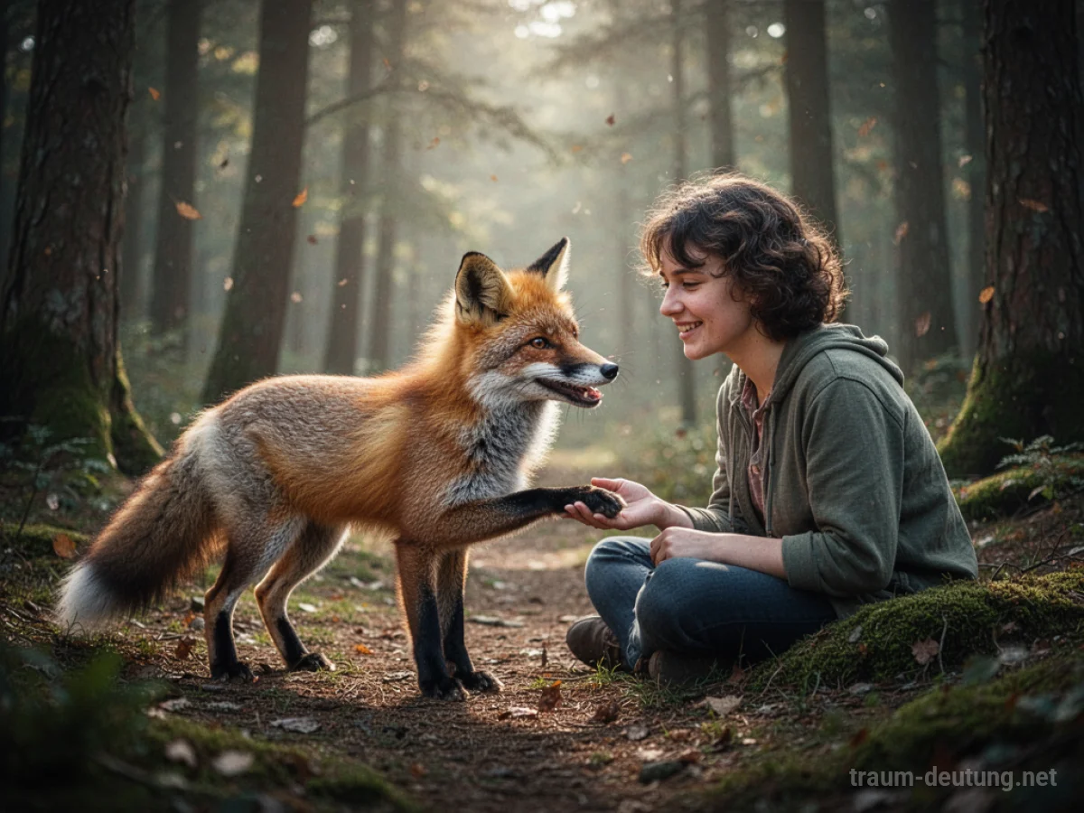 Ein Fuchs spielt freundlich mit einer Person in einem Traumwald.