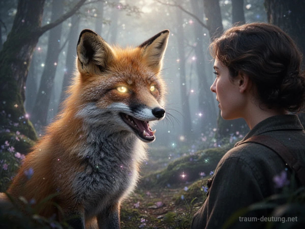 Ein weiser Fuchs mit leuchtenden Augen spricht mit einer Person in einem traumhaften Wald.
