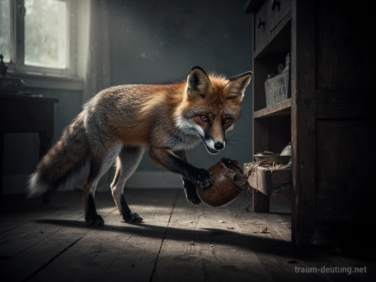 Ein Fuchs mit listigem Blick stiehlt heimlich ein Objekt aus einem dunklen Raum.