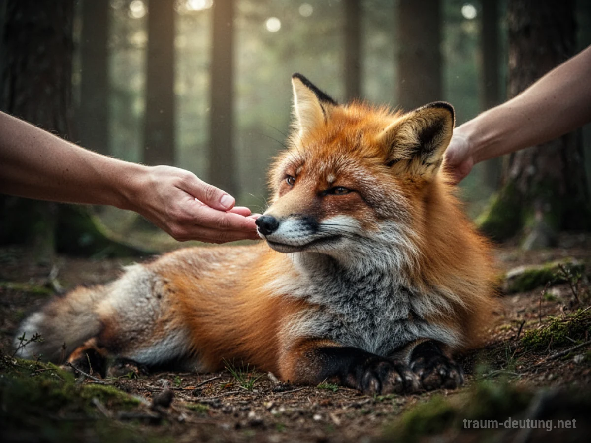 Hand streichelt sanft einen Fuchs im Wald