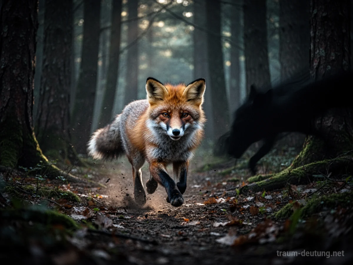 Fuchs flieht durch dunklen Wald vor einem Schatten
