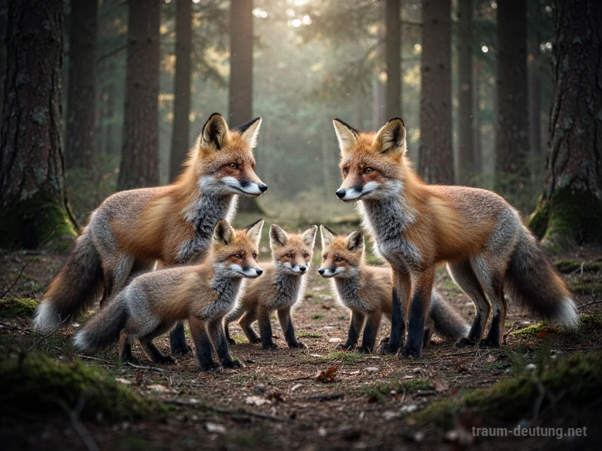 Eine Fuchsfamilie in einer Waldlichtung, ein erwachsener Fuchs beobachtet aufmerksam.