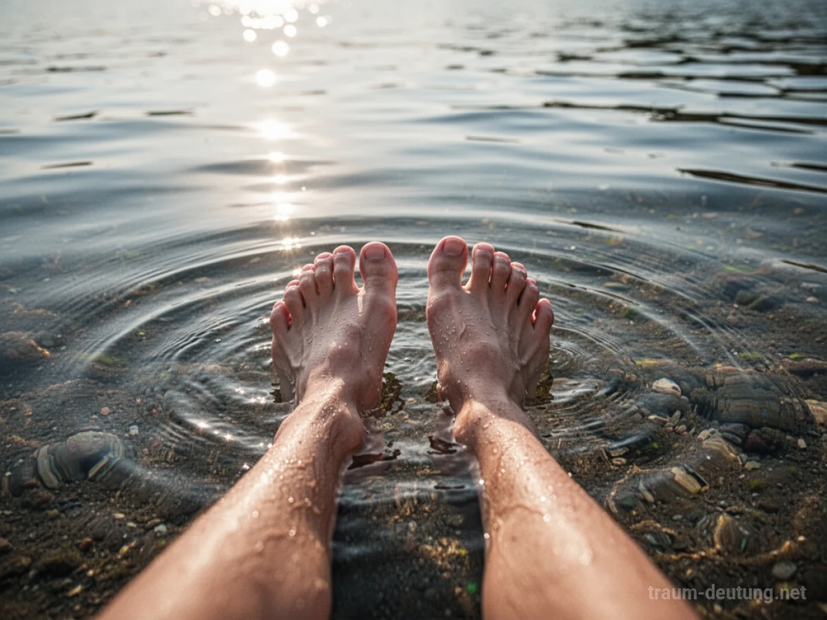 Füße, die in klarem Wasser ruhen, mit Lichtreflexionen auf der Oberfläche.