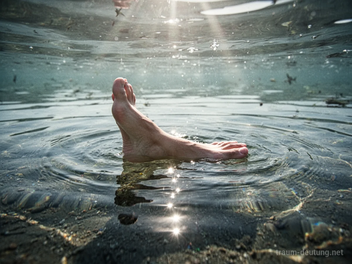 Ein Fuß ragt aus klarem Wasser hervor, die Oberfläche ist ruhig.