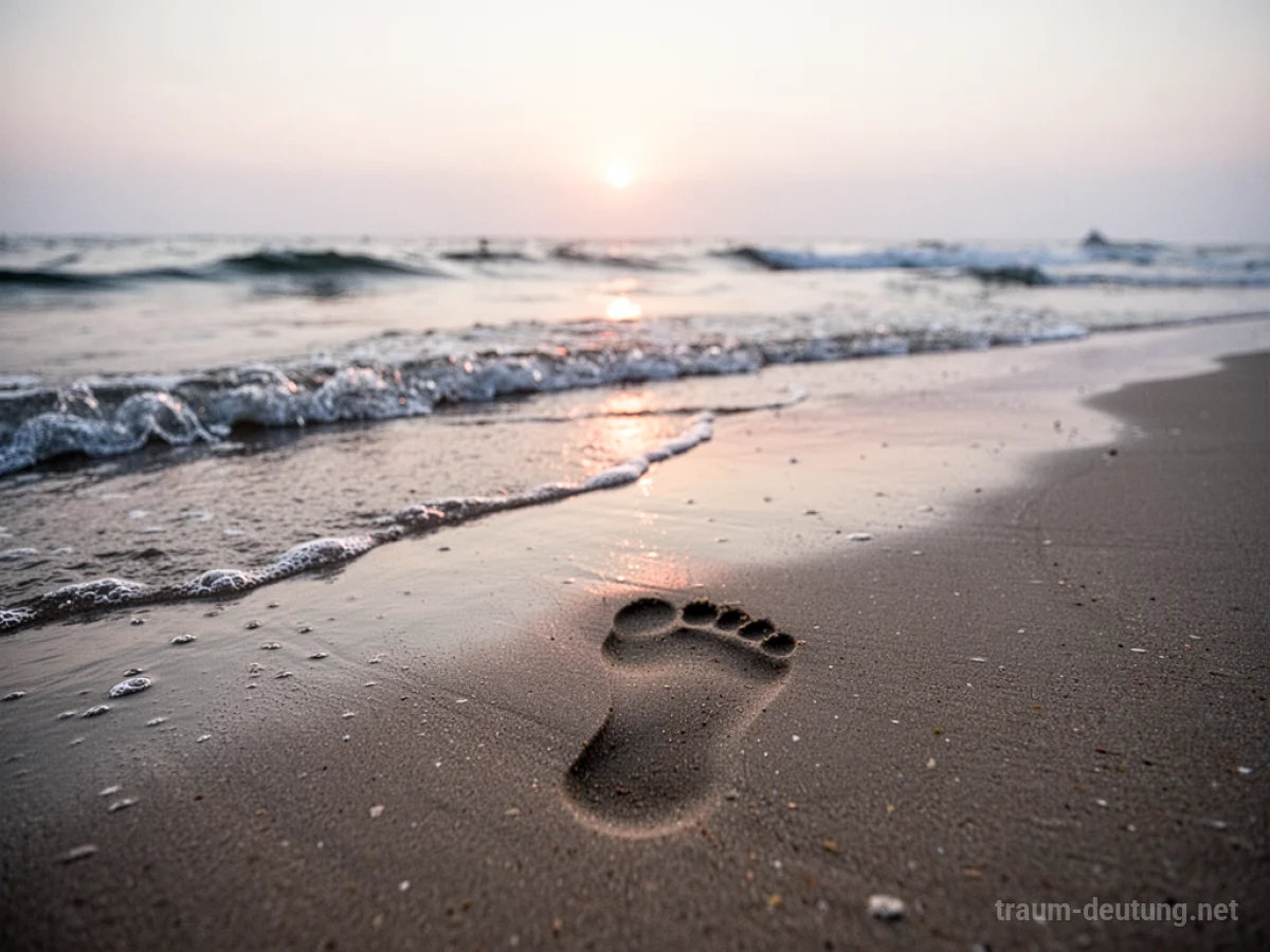 Ein einzelner Fußabdruck im nassen Sand am Strand bei Sonnenaufgang.