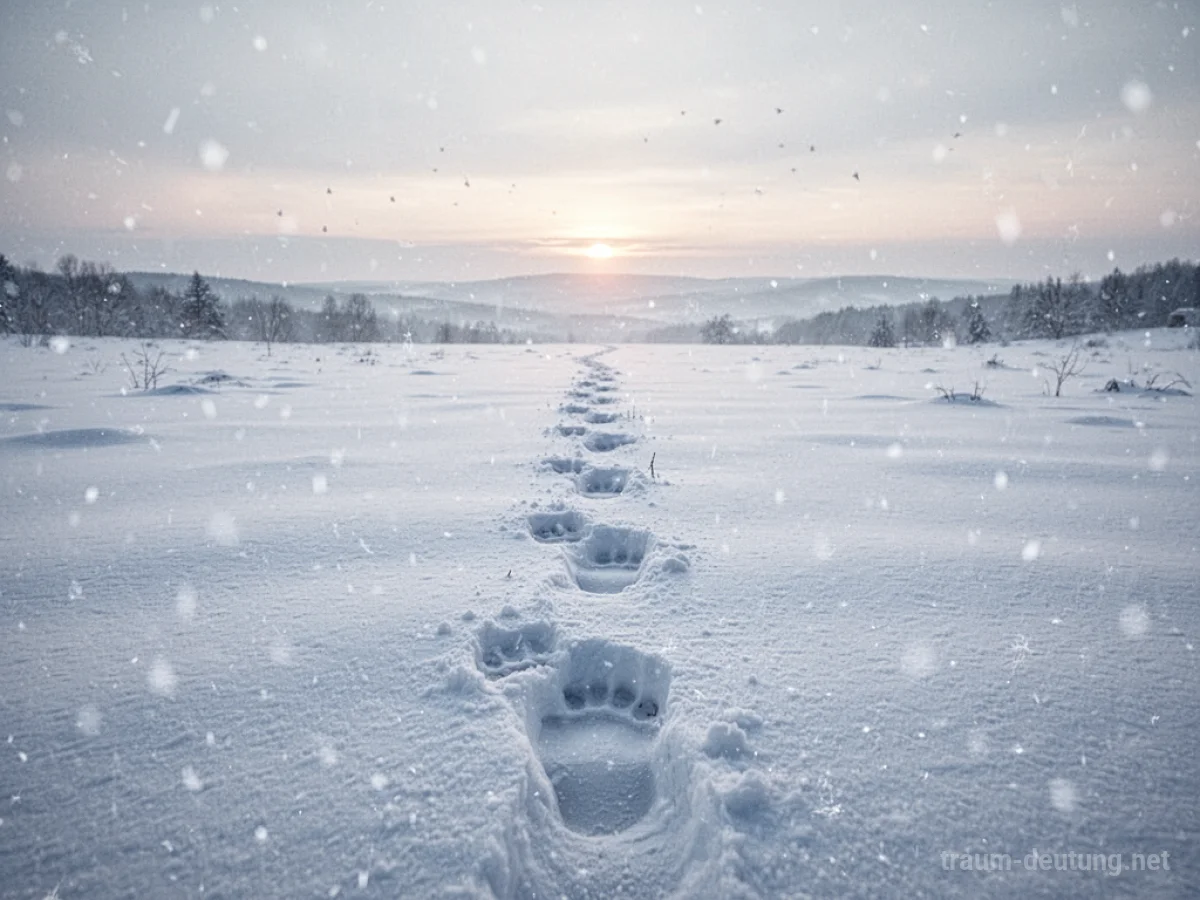 Fußspuren im frischen Schnee auf einem Feld, die sich in die Ferne ziehen.