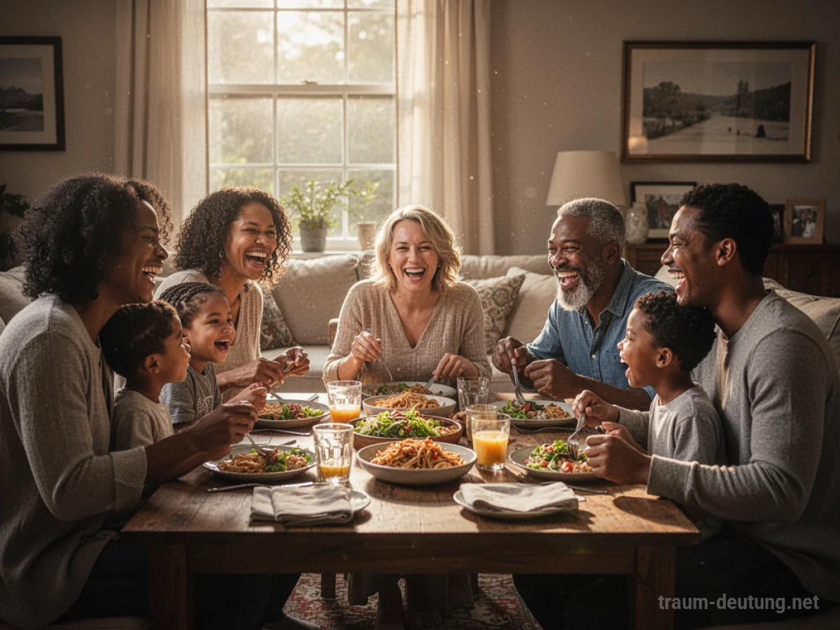 Eine lächelnde Familie sitzt gemeinsam am Esstisch in einem hellen Raum.