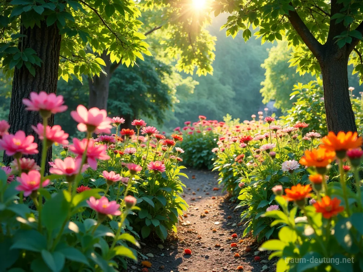 Ein blühender Garten im Frühling mit bunten Blumen und grünen Pflanzen.