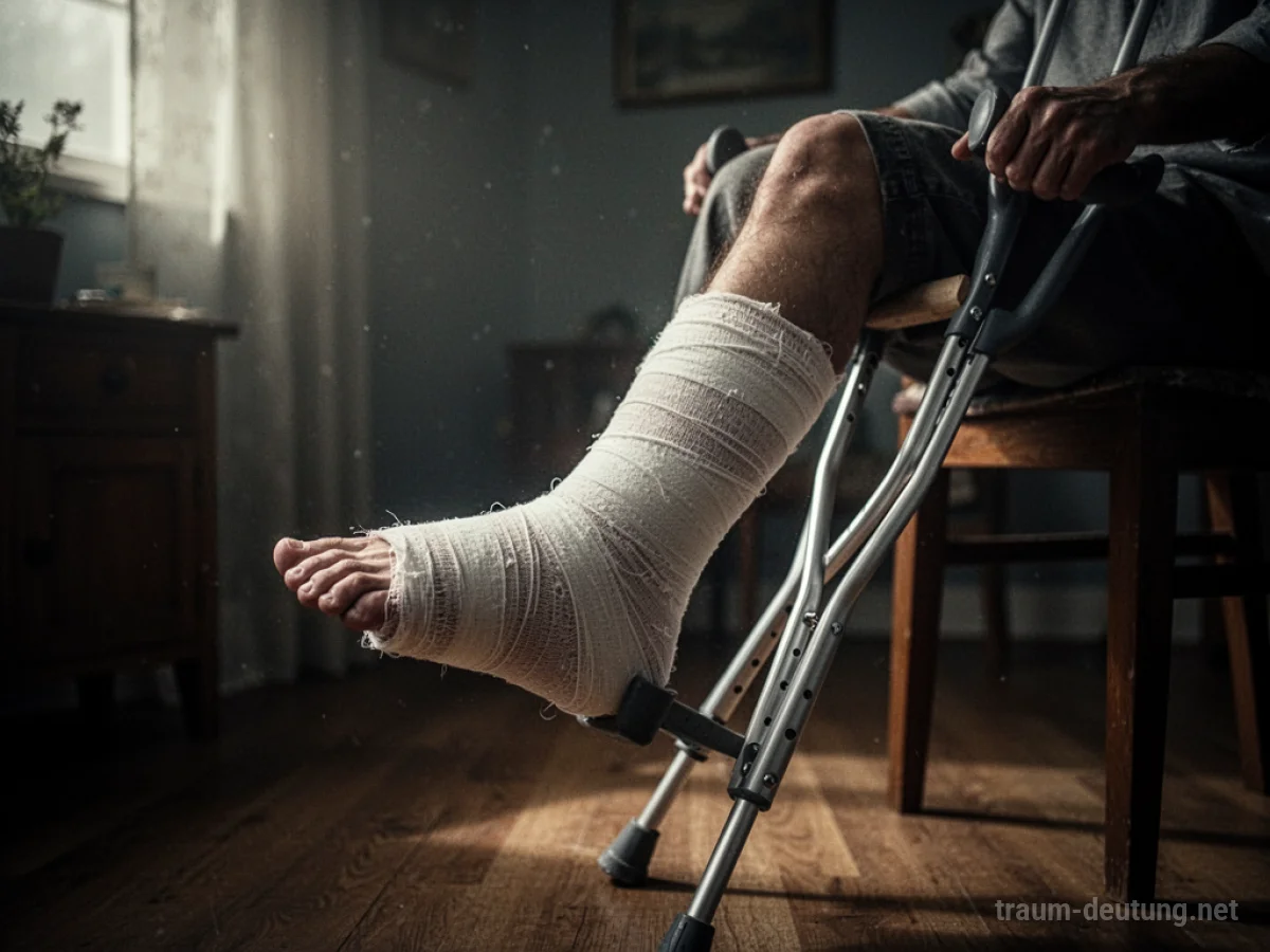 Ein Bein mit Gips und Krücken im Traum