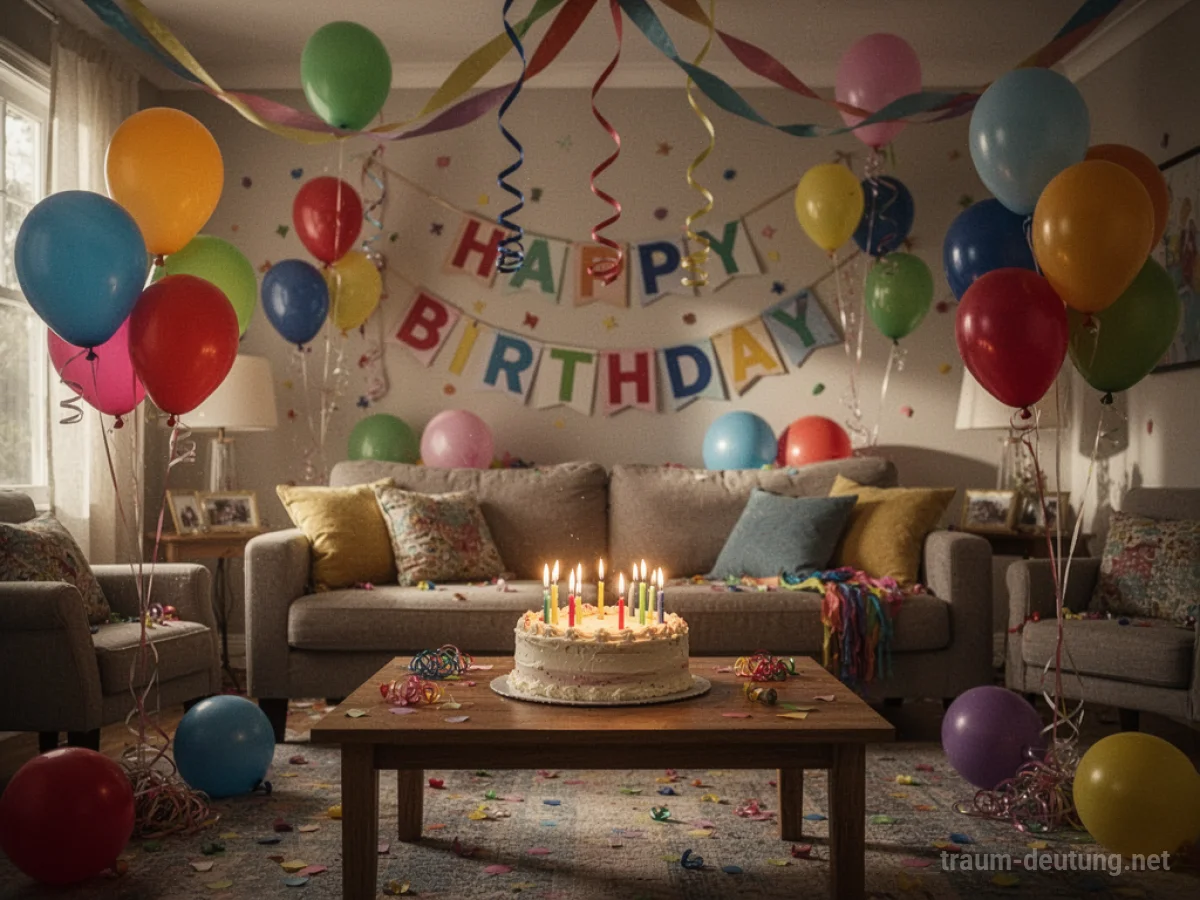 Festlich dekoriertes Wohnzimmer für ein Geburtstagsfest mit Luftballons und Kerzen.