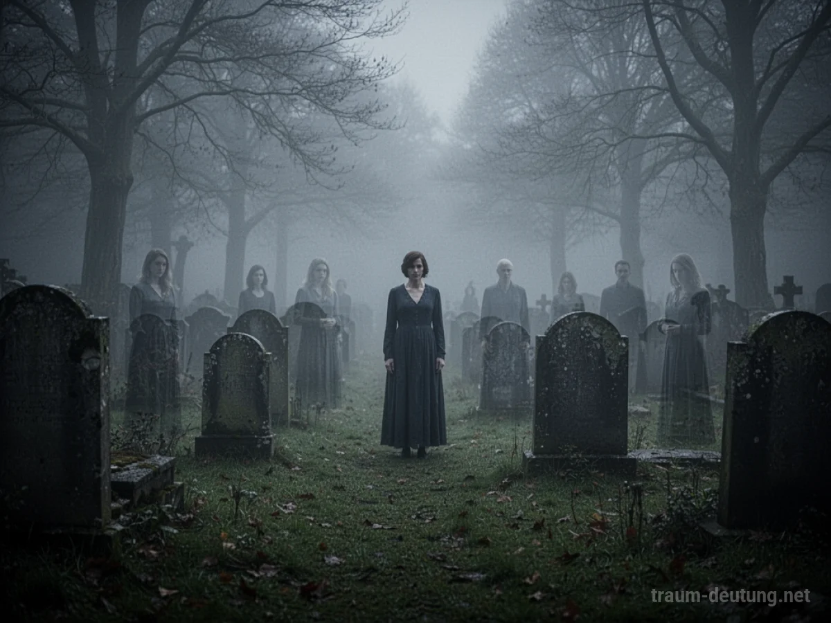 Geister auf einem Friedhof im Nebel, umgeben von Grabsteinen.