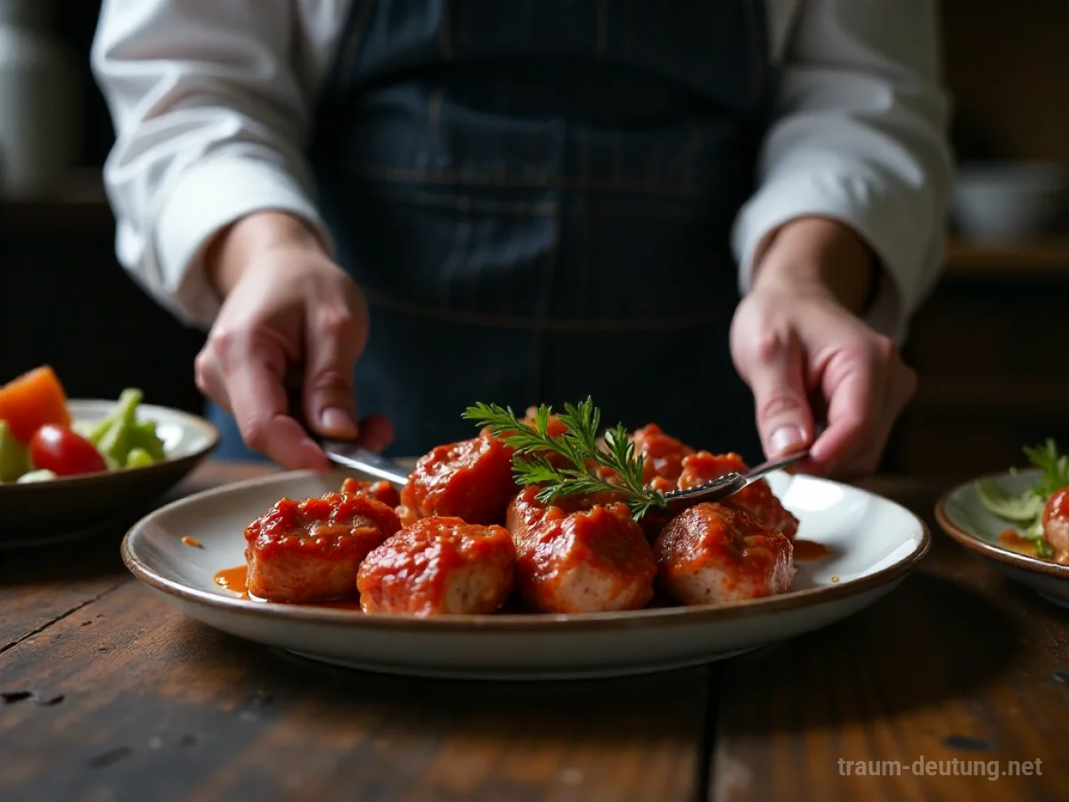Eine Person serviert ein Gericht mit gekochtem Fleisch auf einem Tisch.
