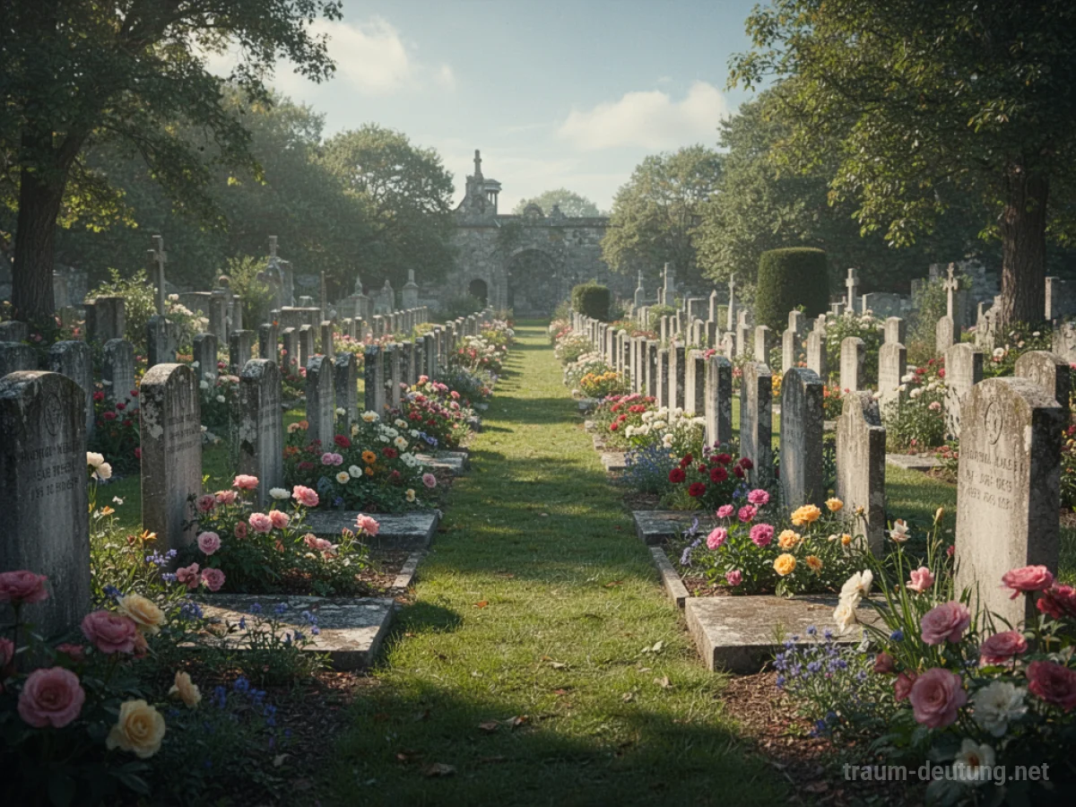 Ein gepflegter Friedhof mit ordentlichen Grabsteinen und Blumen.