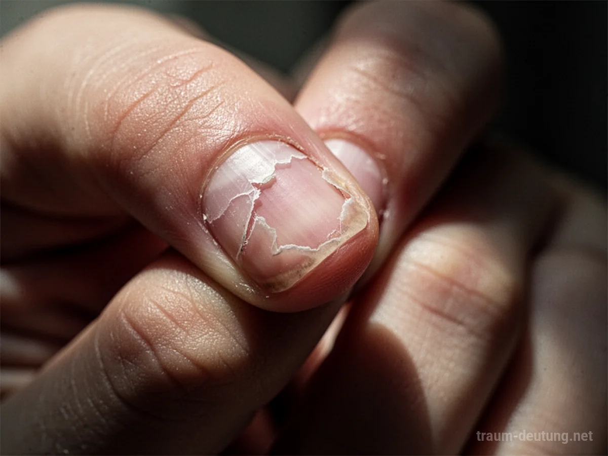 Nahaufnahme eines gerissenen Fingernagels an einer Hand.