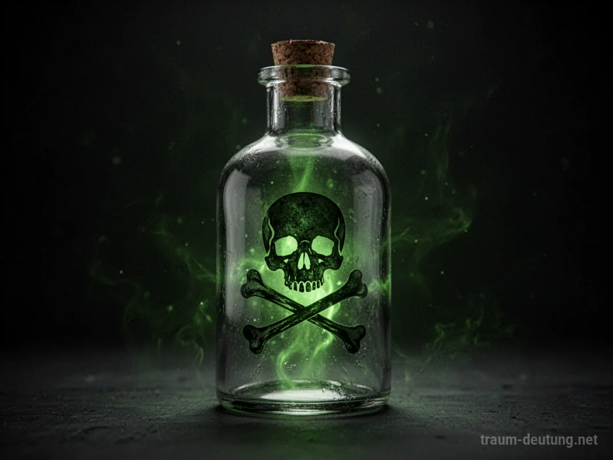 Eine Glasflasche mit Totenkopf-Symbol und giftgrünem Schein.
