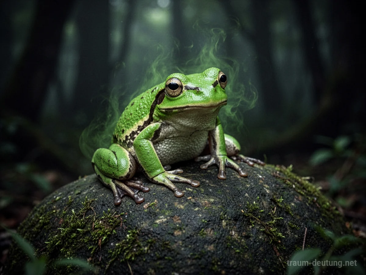 Ein giftiger Frosch sitzt auf einem Felsen in einem dunklen Wald.