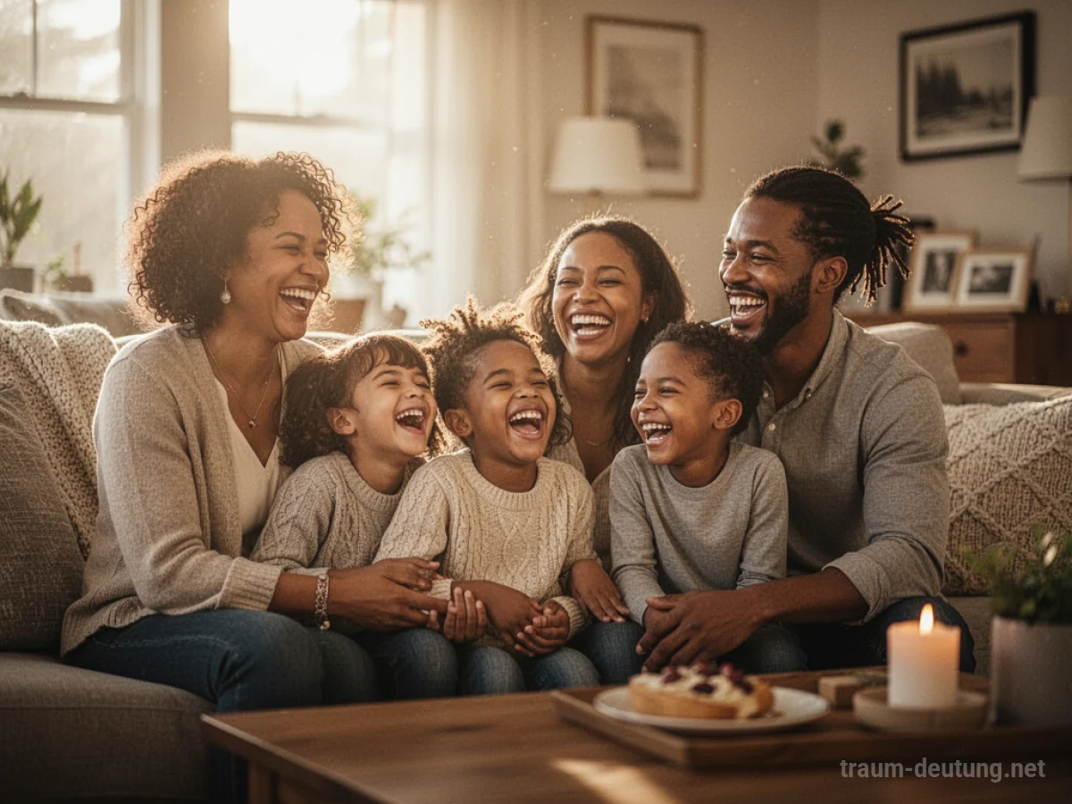Eine glückliche Familie sitzt lachend zusammen in einem hellen Wohnzimmer.