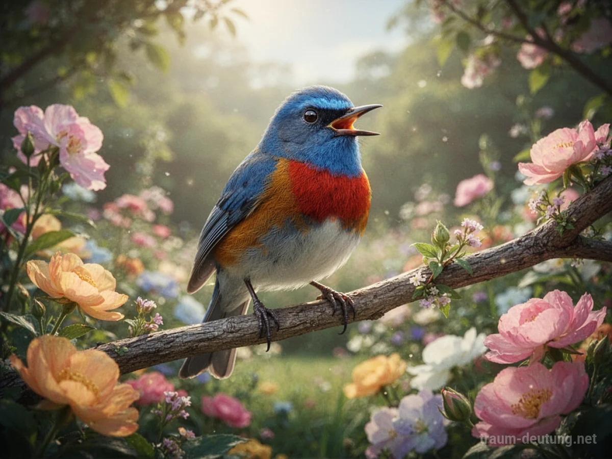 Glücklicher Vogel sitzt auf einem Ast in einem sonnigen Garten.