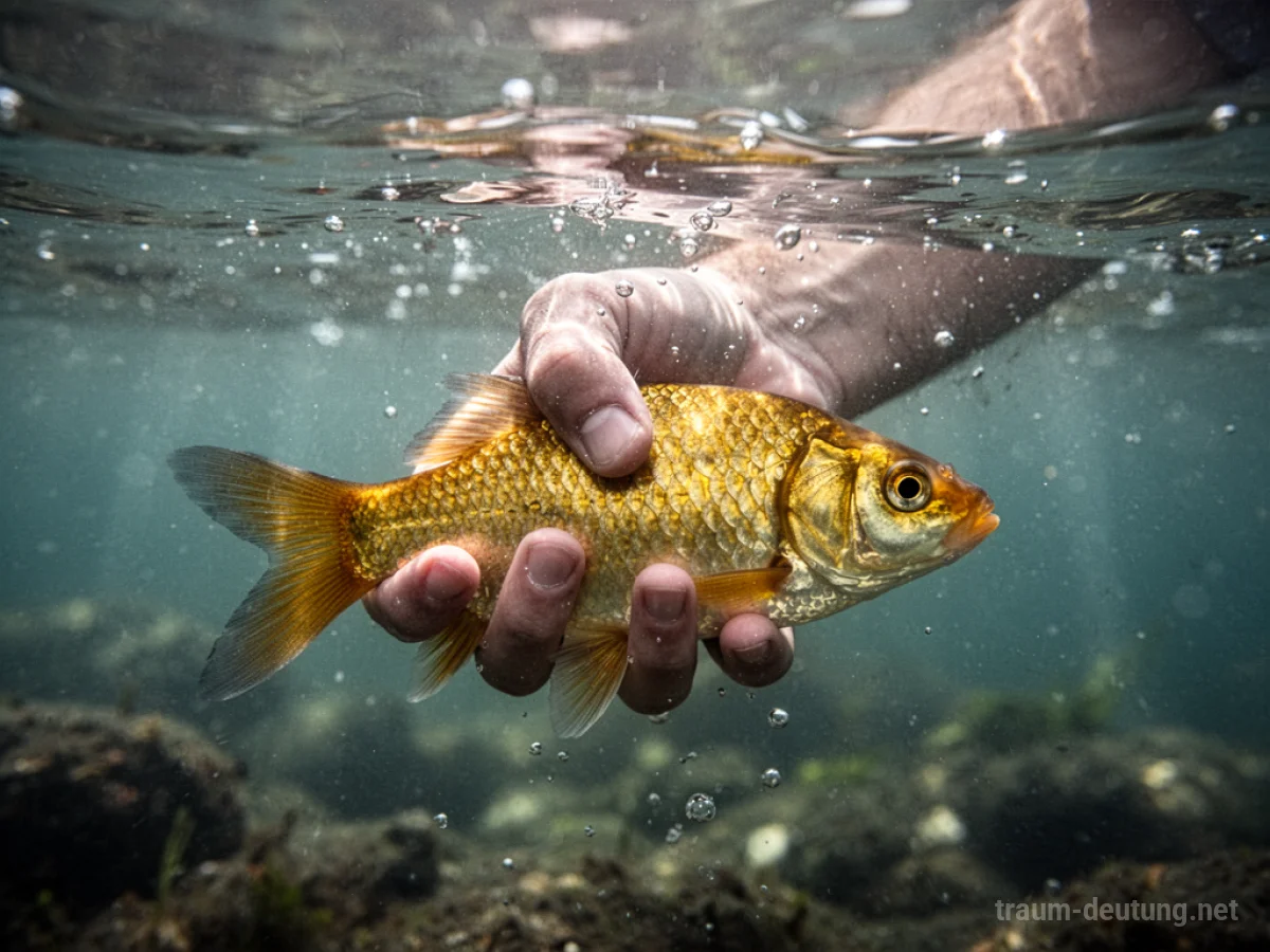 Eine Hand hält einen glänzenden goldenen Fisch im klaren Wasser.