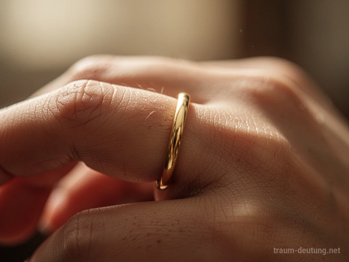 Ein goldener Ring steckt an einem Finger, symbolisiert Bindung und Wert.