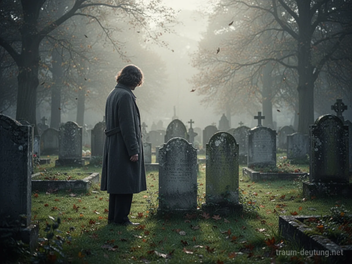 Eine Person steht nachdenklich vor einem Grabstein auf einem Friedhof.
