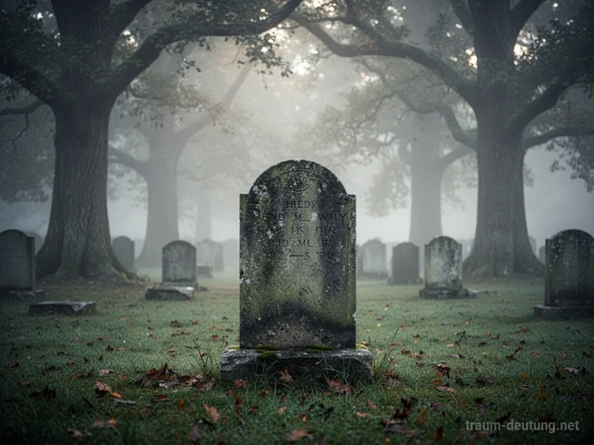 Ein einzelnes Grab auf einem Friedhof im Morgennebel.