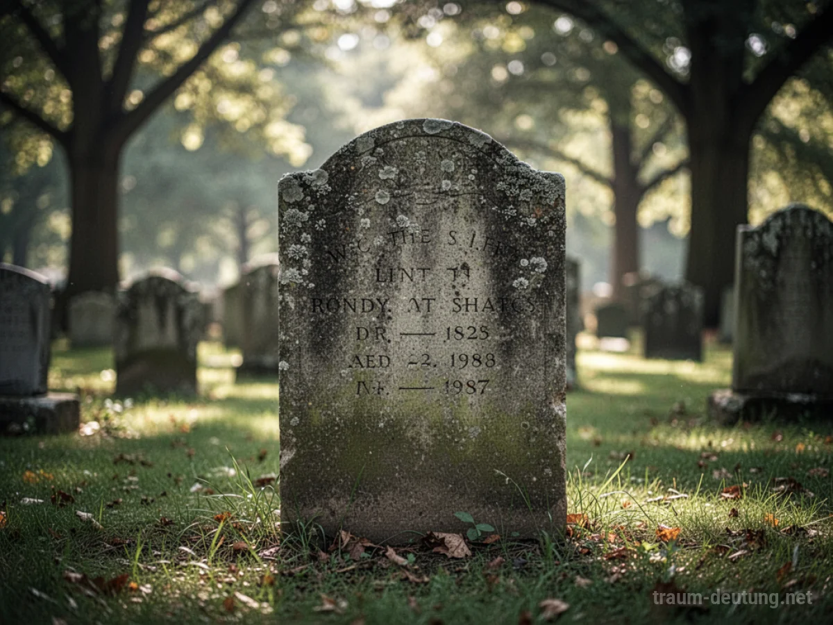 Ein alter Grabstein mit verblassten Inschriften auf einem Friedhof.