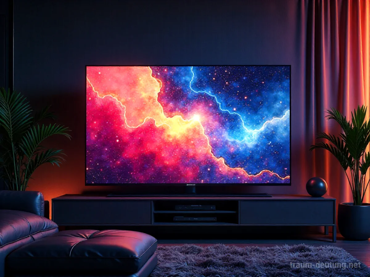Großer Fernseher mit bunten Mustern in einem dunklen Raum.