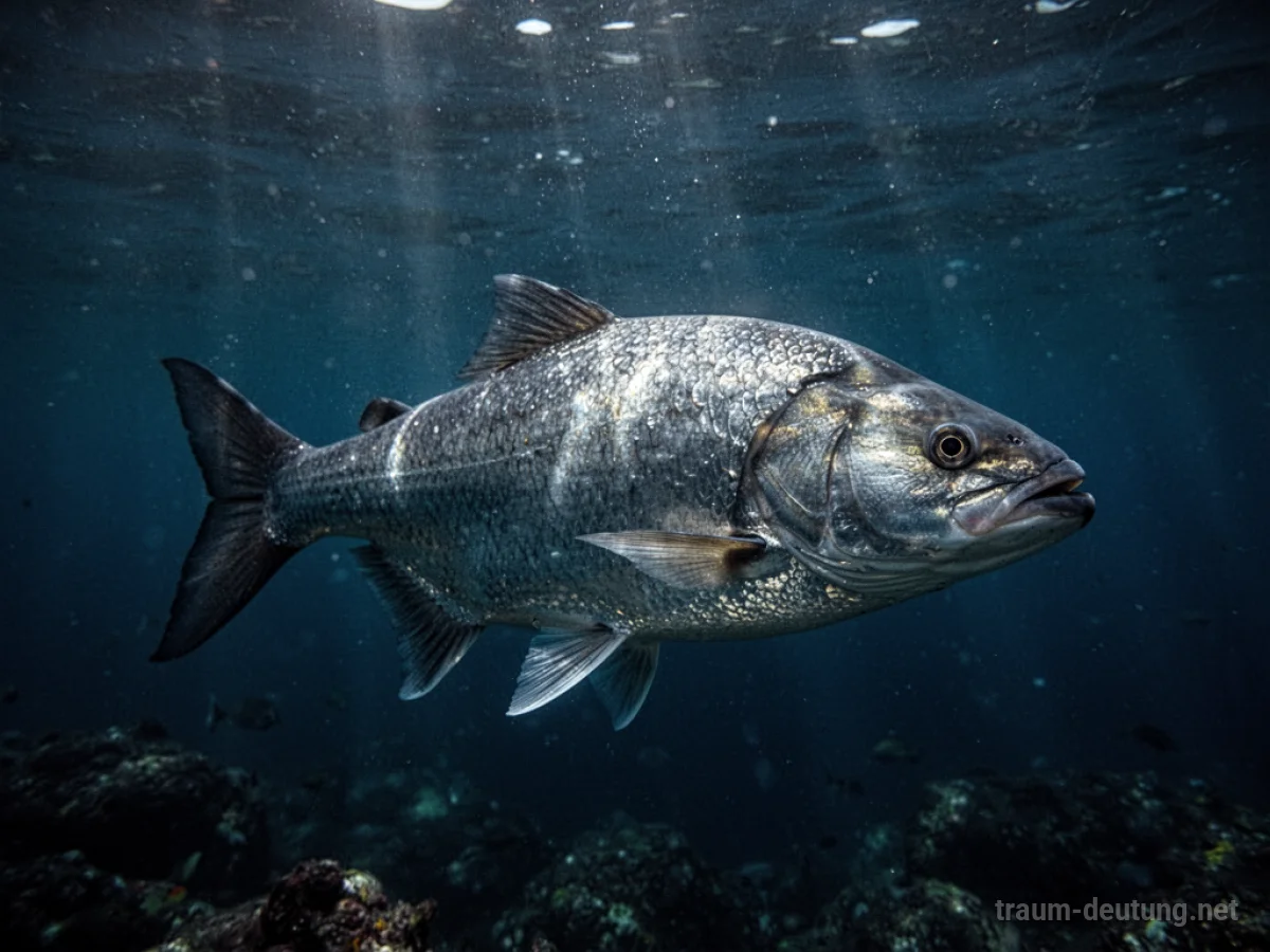 Ein riesiger, schimmernder Fisch schwimmt in tiefem, dunklem Wasser.
