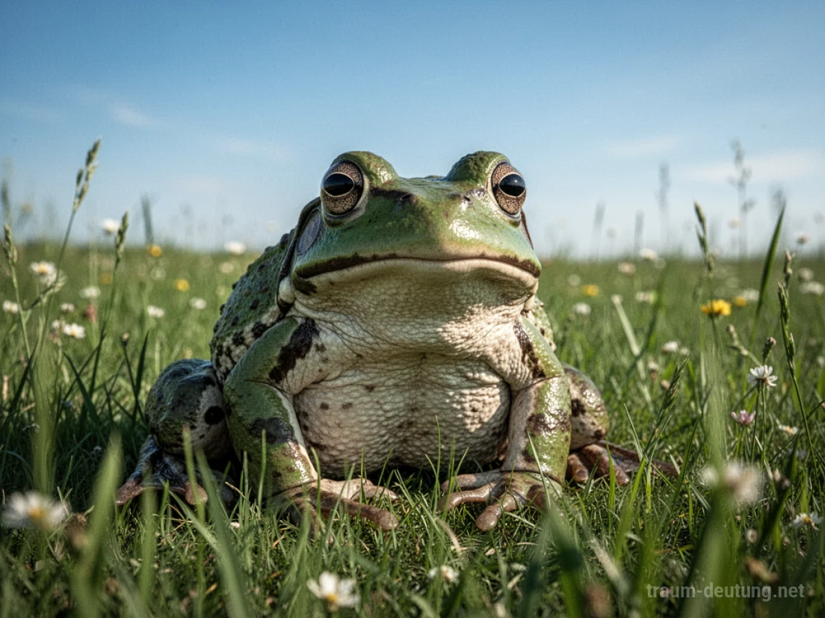 Großer Frosch sitzt in einer grünen Wiese.
