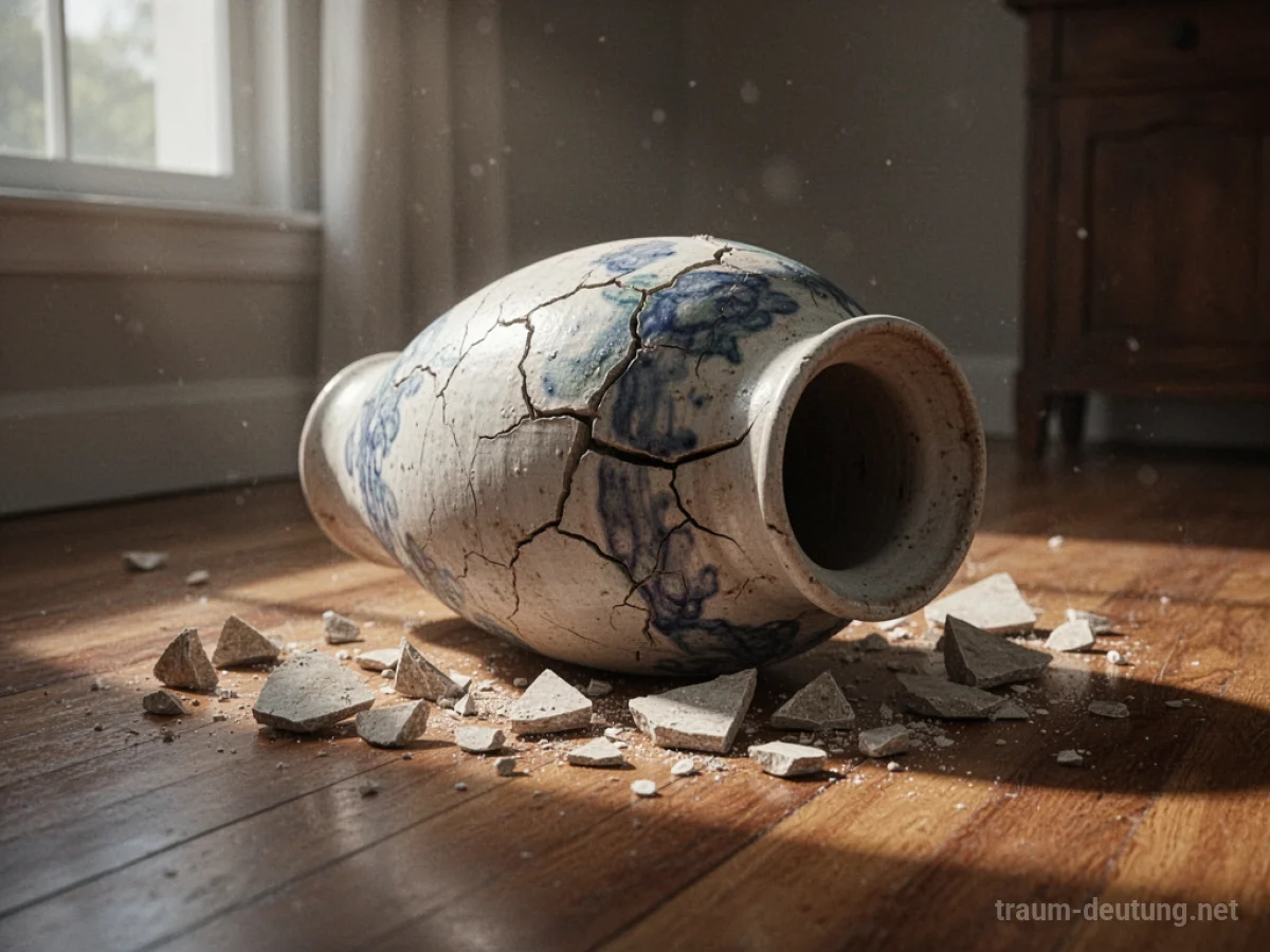 Zerbrochene Vase auf Holzboden im Sonnenlicht