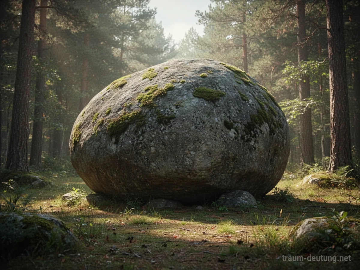 Ein großer, bemooster Felsbrocken liegt in einer sonnigen Waldlichtung.