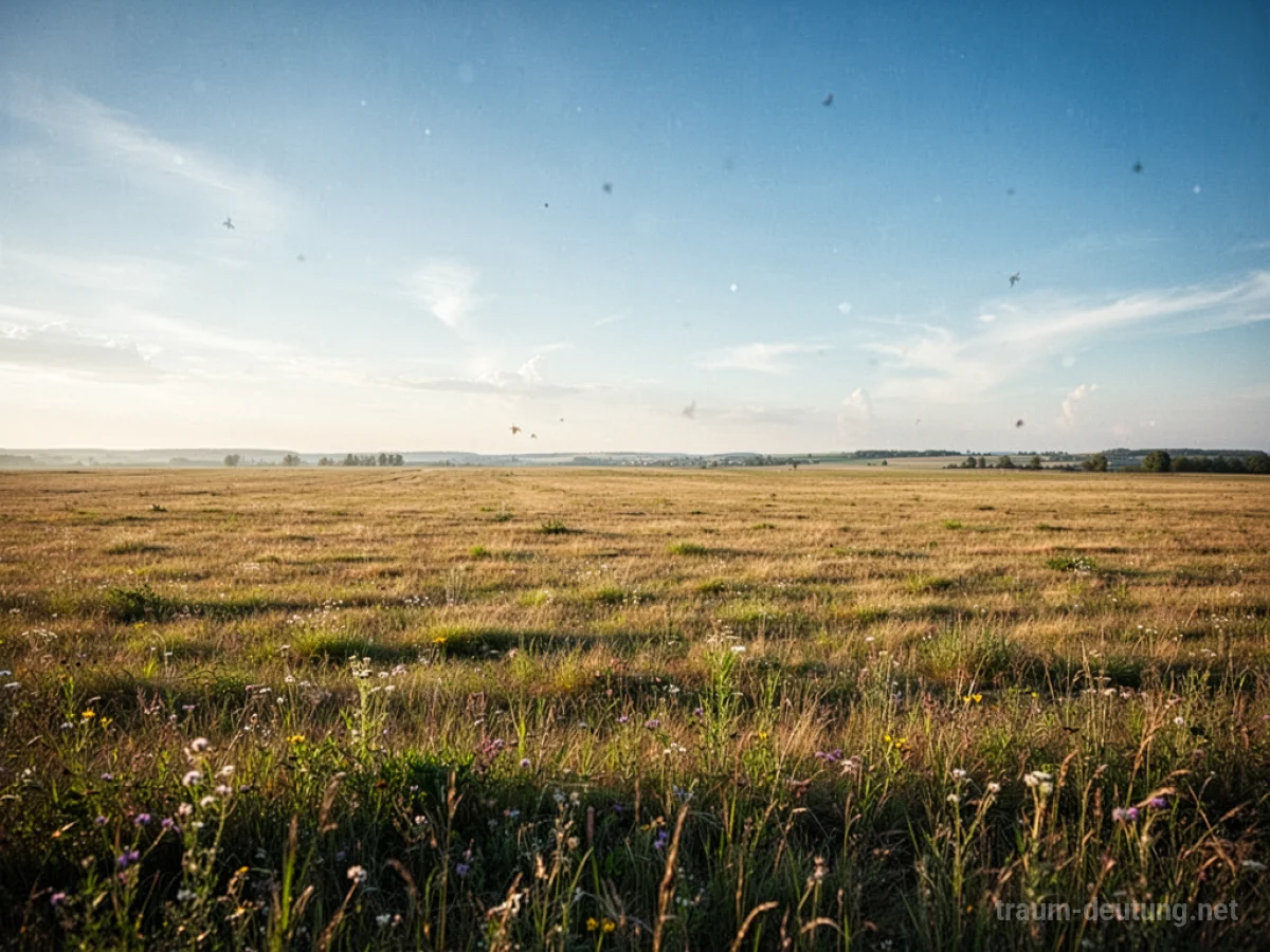 Weites, sonnenbeschienenes Feld unter blauem Himmel