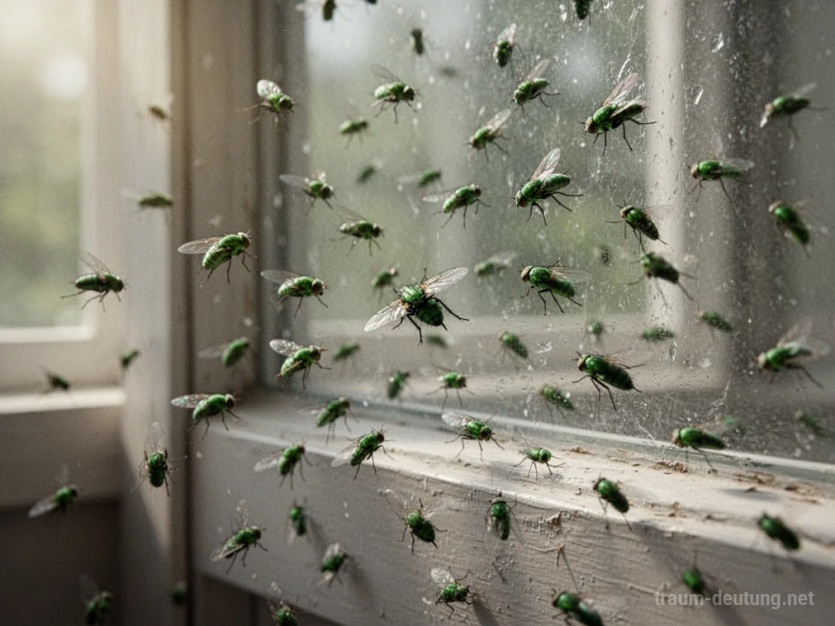 Grüne Fliegen schwärmen in einem Raum, einige sitzen auf einem Fenster.