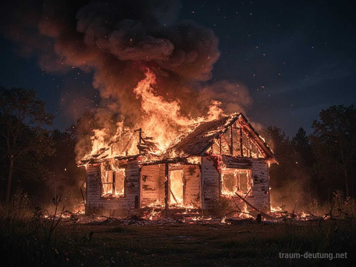 Brennendes Haus bei Nacht mit Rauch am Himmel