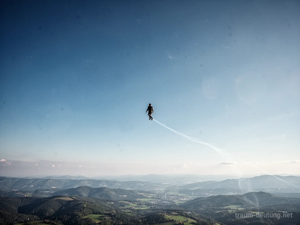 Mensch steigt hoch in einen weiten, blauen Himmel auf.