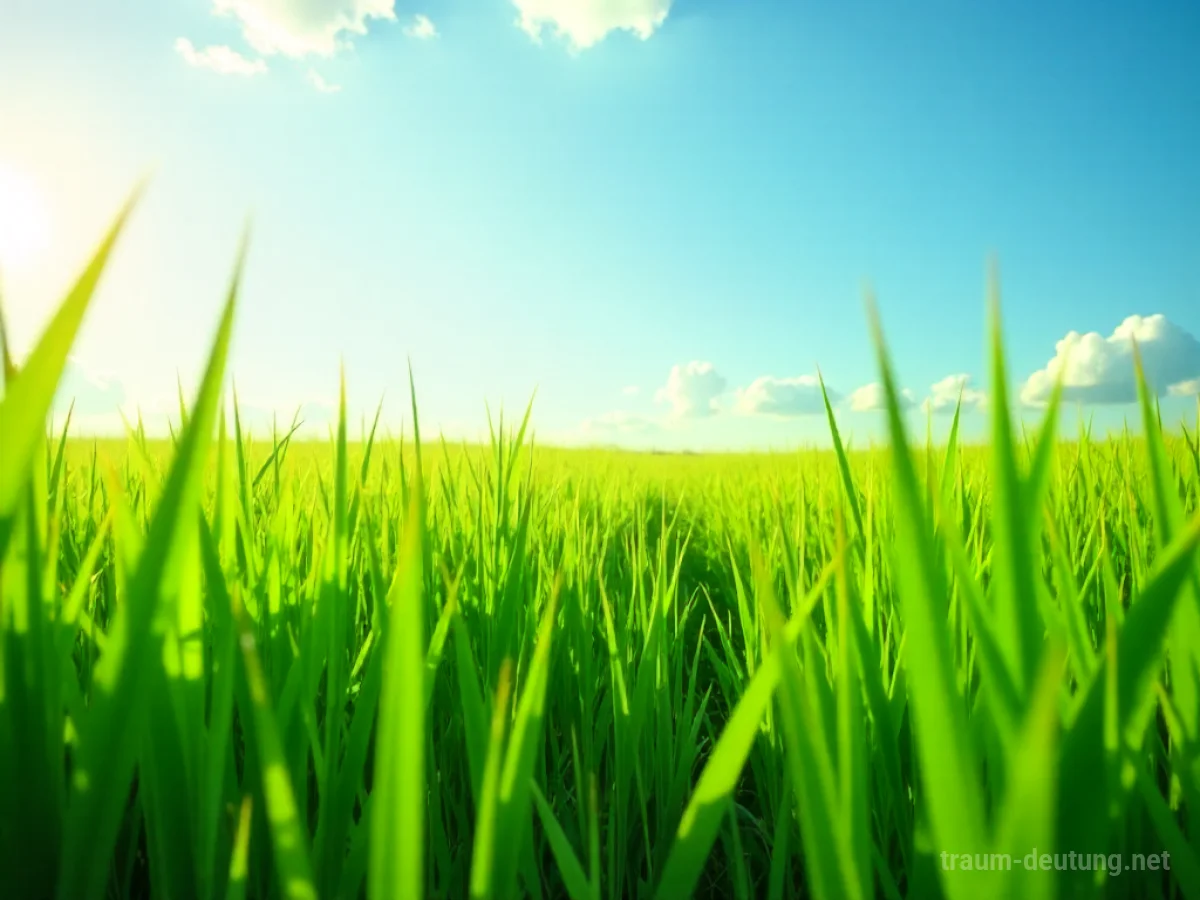 Hohes, grünes Gras in einem weiten Feld unter blauem Himmel