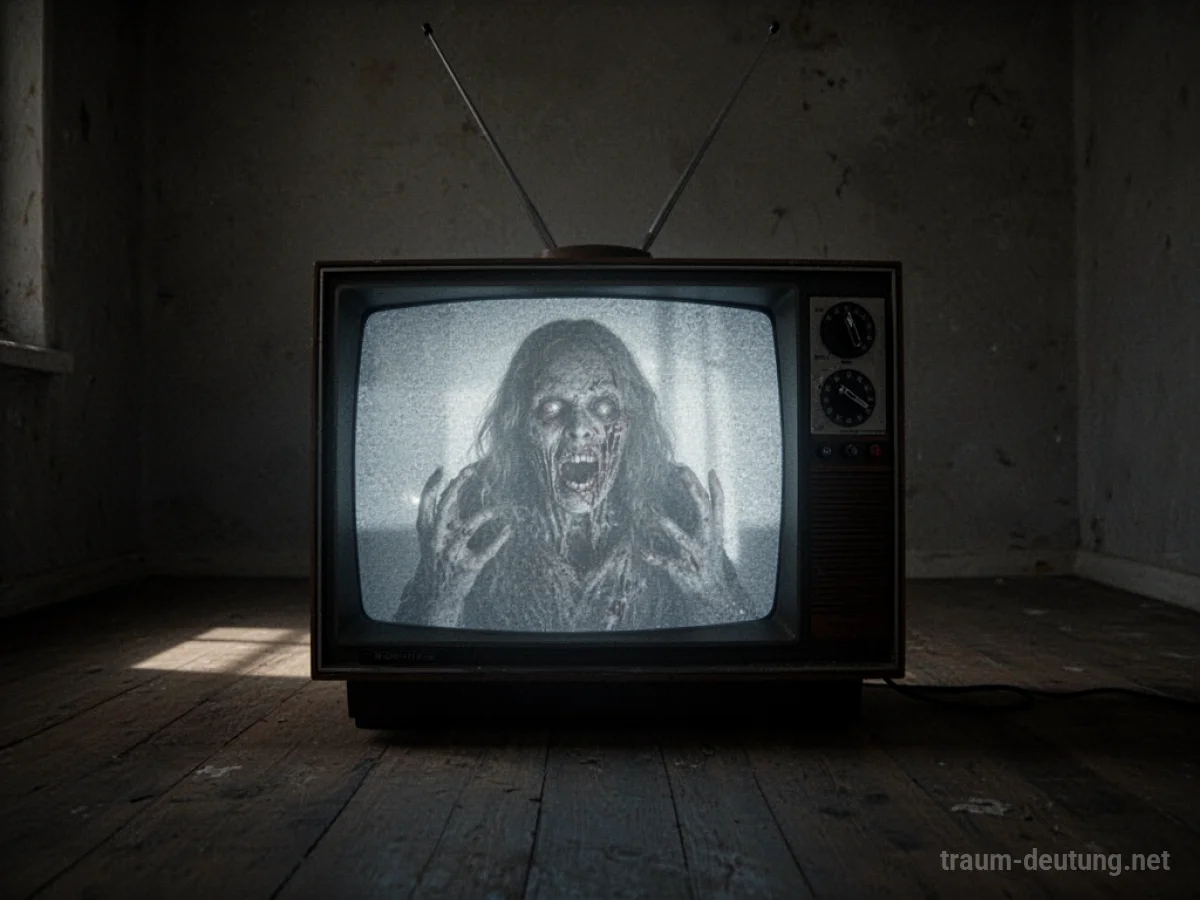 Ein alter Fernseher zeigt eine unheimliche Szene in einem dunklen Raum.