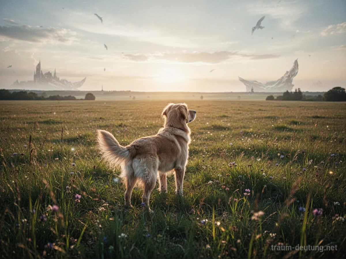 Hund steht auf einem sonnigen Feld und blickt in die Ferne