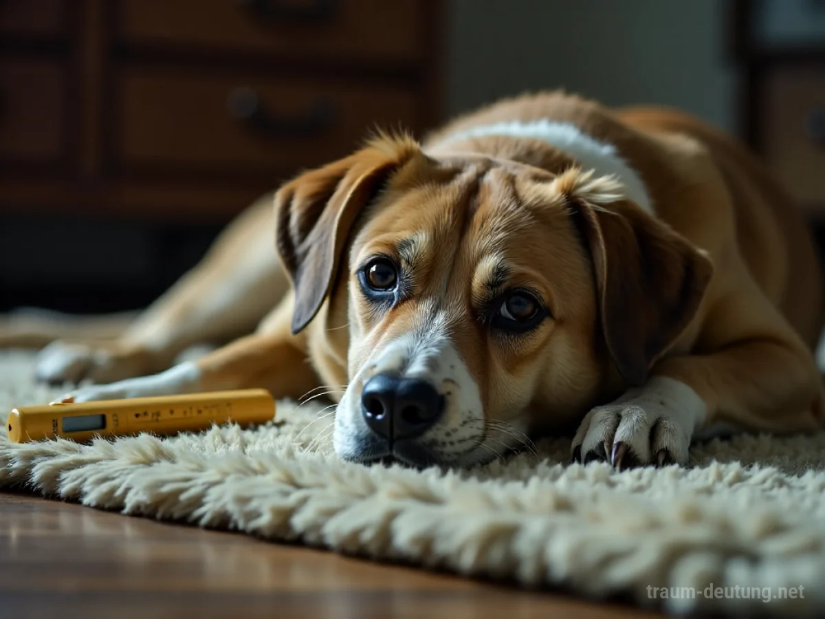Ein Hund liegt erschöpft auf einem Teppich, sein Blick ist matt.