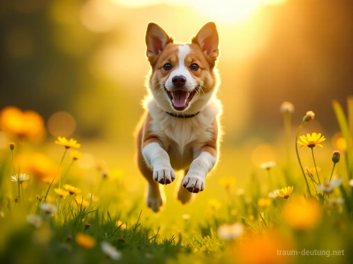 Ein glücklicher Hund springt freudig in einer sonnigen Wiese.